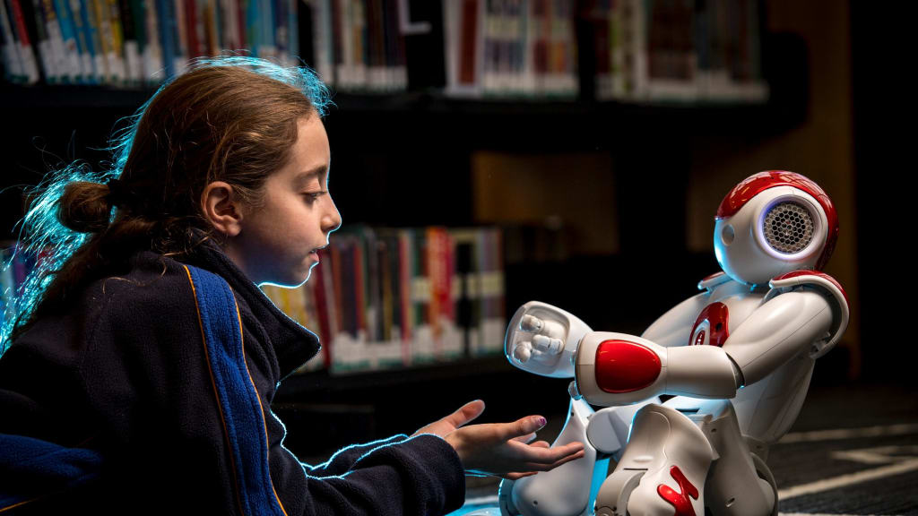cartoon image of child playing with a robot