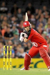 Aaron Finch of the Renegades plays a shot during the match between the Melbourne Renegades and the Melbourne Stars.