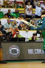 Confiscated: The Townsville Crocodiles mascot fires a T-shirt in to the crowd at a home game.