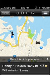 The Uber app showing "Ronny" around Rushcutters Bay.