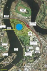 A map of the Burswood precinct with the new stadium site coloured in blue.