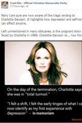 Fred Nile's post on the death of Charlotte Dawson on the Official Christian Democratic Party Facebook page.