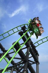The Green Lantern roller coaster in action at Movie World.