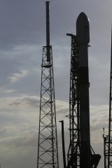 A SpaceX Falcon 9 rocket with Israel's lunar lander and an Indonesian communications satellite on the pad at space launch complex 40 on Thursday.