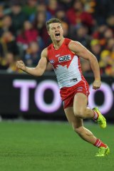 Tom Papley scores a late goal to snatch victory for the Swans at Adelaide Oval on Friday night.