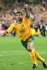 John Aloisi celebrates kicking the winning goal as Australia qualified for the 2006 World Cup by beating Uruguay.