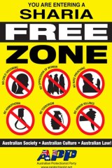 An APP ''sharia-free zone'' poster.