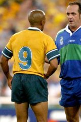 South African referee Andre Watson with Wallabies captain George Gregan in the 2003 World Cup final.