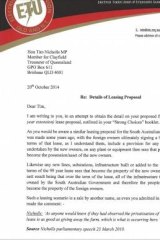 Letter from ETU secretary Peter Simpson to Queensland treasurer Tim Nicholls.