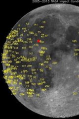Hundreds of meteoroid impacts on the moon, including the brightest detected on March 17, 2013, marked by the red square.