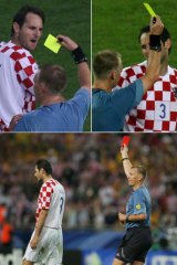 Infamous moment ... referee Graham Poll books Croatia's Josip Simunic three times during the 2006 World Cup.