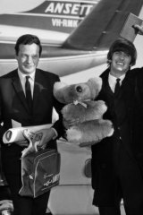 Ringo Starr with the manager of the Beatles, Brian Epstein, at Kingsford Smith Airport, Sydney, on June 14,  1964.