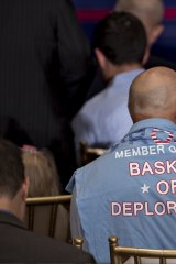 An attendee wears a "Basket of Deplorables" shirt before a speech by Donald Trump in September.