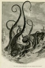 <i>The Great Octopus</i> by Alfred Pearse, 1898,   from  <i>Wide World Magazine</i>.   Private collection.