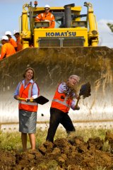 Kevin Rudd and MP Catherine King turn the first sods at the Anthony's Cutting realignment between Ballarat and Melbourne.