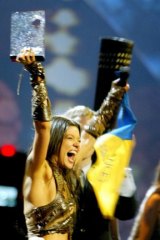 Ruslana lifts the winner's cup at the Eurovision Song Contest in 2004.
