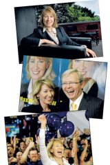 Maxine McKew enjoys a quiet moment (top) at her Melbourne home. With Kevin Rudd (centre) at her campaign offices in Bennelong during the 2007 election campaign. Sweet victory (bottom) on that first election night.