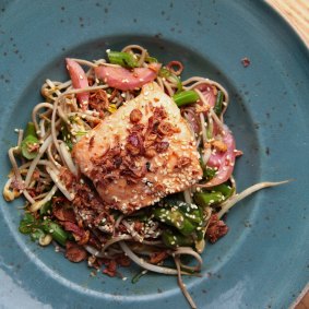 The roasted salmon with soba noodles at Park St Cafe.  
