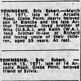 Death notices for Eric Townsend, the men's father, in the Sydney Morning Herald, April 2, 1971.
