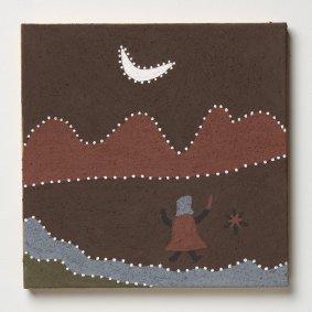 Shirley Purdie: 'Moolloonggoogallem
(Wishing for fat one from
the moon)'. 2018. Natural ochre and pigments on canvas. 45 x 45.5 cm.