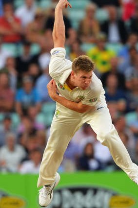 Australia debutant James Faulkner bowls late on day two of the fifth Ashes Test against England at The Oval.