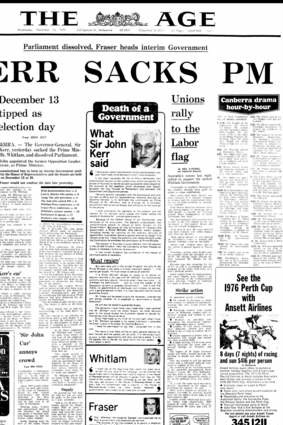 Front page of The Age newspaper from Wednesday 12 November 1975.