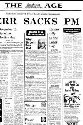 Front page of The Age newspaper from Wednesday 12 November 1975.