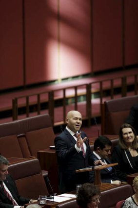 Labor Senator Mehmet Tillem delivers his maiden speech to the Senate. Photo: Dominic Lorrimer