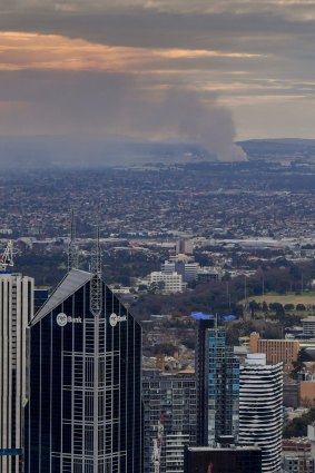 The Coolaroo recyclable materials fire as seen from the Eureka Tower.