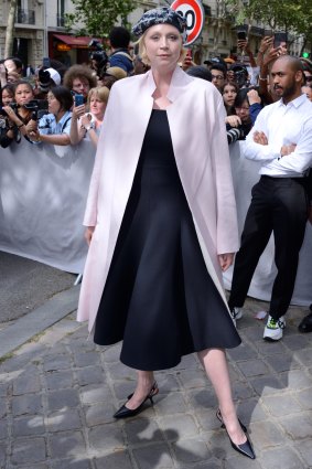Beret, OK ... Game of Thrones star Gwendoline Christie arrives at the Dior Homme show in Paris.