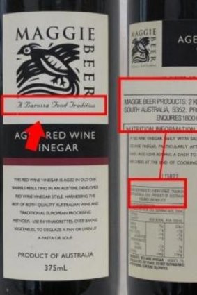 Maggie Beer aged red wine vinegar carried a South Australian address, but is made in Queensland.