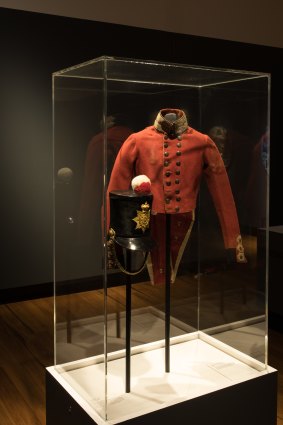 A British soldier's jacket from  Brisbane's convict settlement, at the Life in Irons exhibition at the Museum of Brisbane.