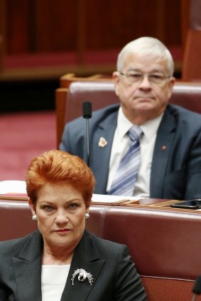 Senators Pauline Hanson and  Brian Burston in the Senate last year.