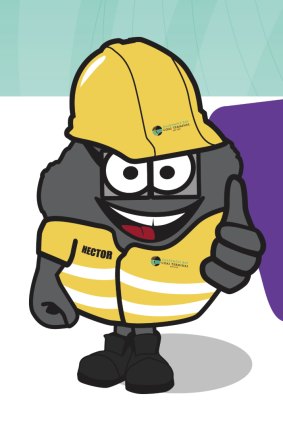 Hector, a lump of coal that acts as a mascot for Dalrymple Bay Coal Terminal. Critics say the mascot is marketing coal to children.