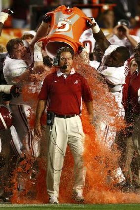 Orange bowl ... Alabama Crimson Tide head coach Nick Saban is doused with Gatorade after his team defeated the Notre Dame Fighting Irish in the NCAA National Championship college football game in Miami.