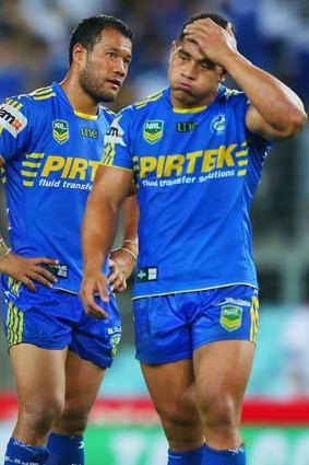 Acceptance: Eels players Kelepi Tanginoa and Joseph Paulo come to terms with their four point loss to the Bulldogs.