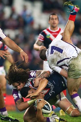 On report: Cooper Cronk could be in hot water for this tackle with Kevin Proctor on Mahe Fonua.