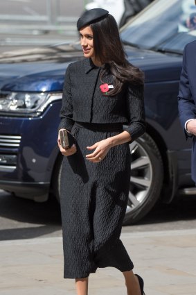Meghan Markle, wearing a black Emilia Wickstead jacket and skirt and a Philip Treacy hat, attends the Anzac Day service at Westminster Abbey in London on April 25.