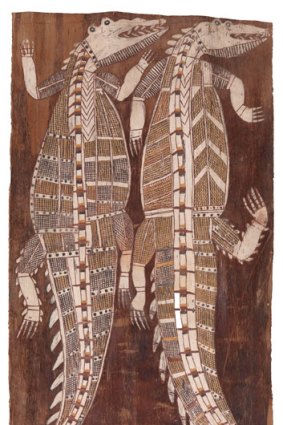 <i>Two crocodiles</i> by artist Yirawala, 1958. Natural pigments on bark.