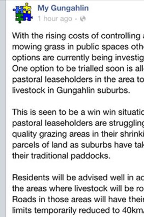 My Gungahlin's warning about roaming livestock.