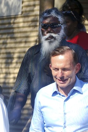 Djalu Gurruwiwi with Tony Abbott in North-East Arnhem Land in 2014.