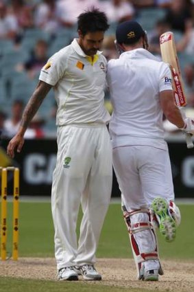 Point of impact: Australia's Mitchell Johnson and  England's Ben Stokes collide.