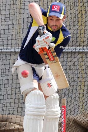 Reading between the lines &#8230; Ed Cowan during a net session at the MCG yesterday ahead of the first Test against India.