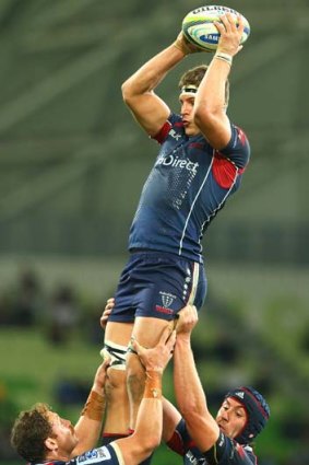 Luke Jones leaps high to take the ball in the lineout.
