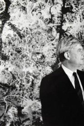 Significant purchase: Former prime minister Gough Whitlam and James Mollison, the director of the Australian National Gallery, in front of Jackson Pollock's Blue poles in 1986.