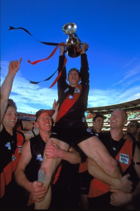 James Hird celebrates after Essendon’s premiership in 2000.