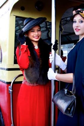 Clare Wong and Olivia Gillespie model 1930s clothing during the bridge's birthday celebrations yesterday.
