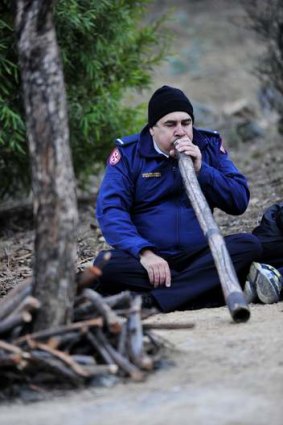 Jeff Timbery of the Dharawal Nation plays the Didgeridoo at The ANZAC Day Aboriginal and Torres Strait Islander Commemoration Ceremony, Canberra.