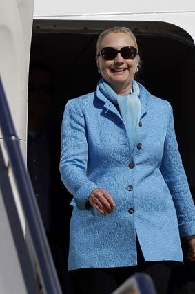 US Secretary of State Hillary Clinton steps off a US Air Force jet in Perth on Tuesday as she arrives for defence talks.
