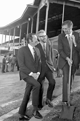 James Hird's grandfather and then Essendon club president Allan Hird snr turns   the first sod  for the proposed football stand at Windy Hill in 1972.